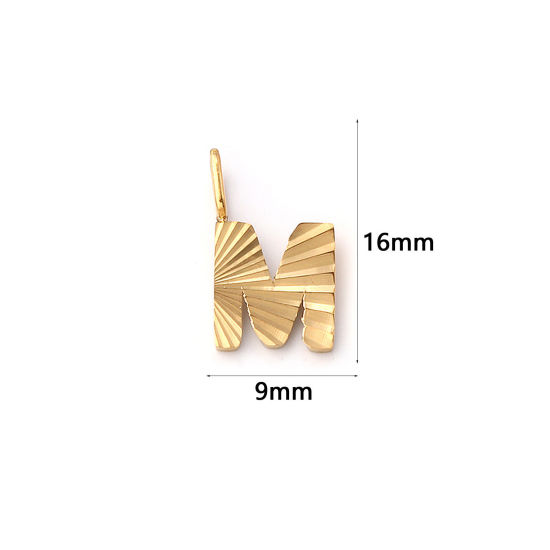 Picture of 2 PCs Eco-friendly PVD Vacuum Plating 304 Stainless Steel Capital Alphabet Initial Letter Name Charms 18K Real Gold Plated Stripe Message " M " 16mm x 9mm