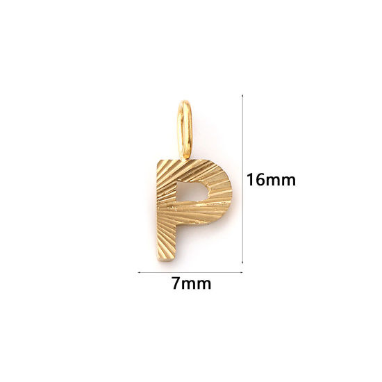 Picture of 2 PCs Eco-friendly PVD Vacuum Plating 304 Stainless Steel Capital Alphabet Initial Letter Name Charms 18K Real Gold Plated Stripe Message " P " 16mm x 7mm