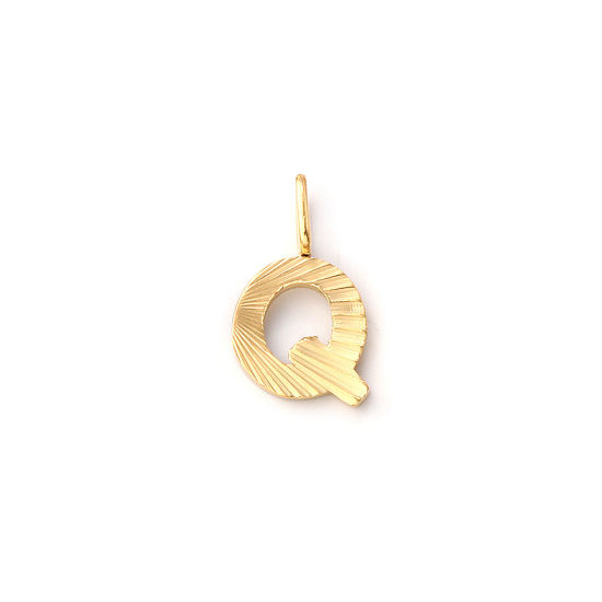 Picture of 2 PCs Eco-friendly PVD Vacuum Plating 304 Stainless Steel Capital Alphabet Initial Letter Name Charms 18K Real Gold Plated Stripe Message " Q " 16mm x 9mm