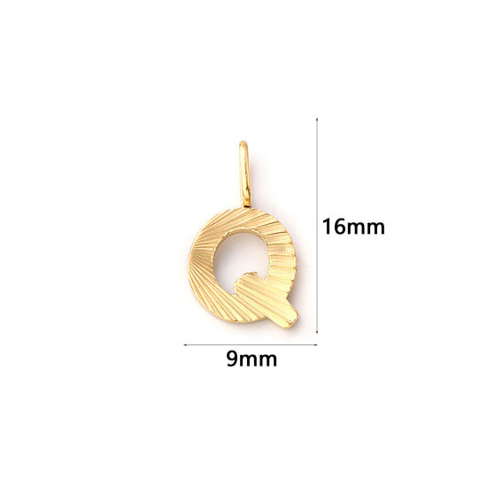 Picture of 2 PCs Eco-friendly PVD Vacuum Plating 304 Stainless Steel Capital Alphabet Initial Letter Name Charms 18K Real Gold Plated Stripe Message " Q " 16mm x 9mm