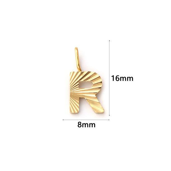Picture of 2 PCs Eco-friendly PVD Vacuum Plating 304 Stainless Steel Capital Alphabet Initial Letter Name Charms 18K Real Gold Plated Stripe Message " R " 16mm x 8mm