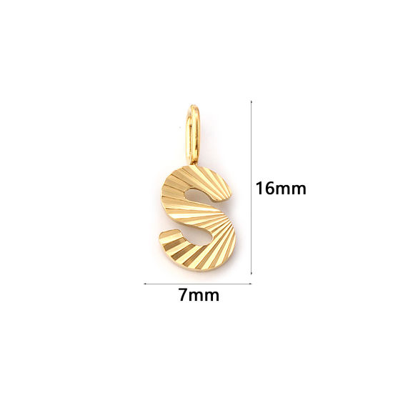 Picture of 2 PCs Eco-friendly PVD Vacuum Plating 304 Stainless Steel Capital Alphabet Initial Letter Name Charms 18K Real Gold Plated Stripe Message " S " 16mm x 7mm
