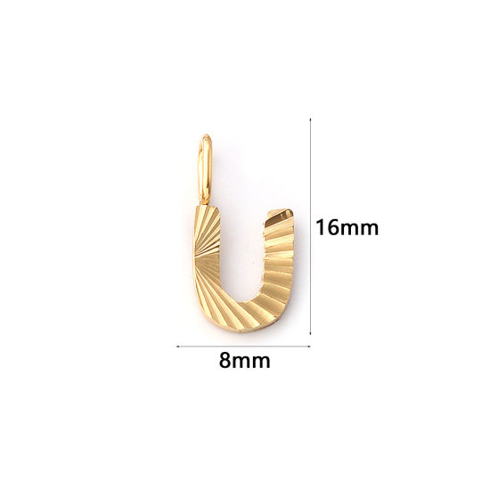 Picture of 2 PCs Eco-friendly PVD Vacuum Plating 304 Stainless Steel Capital Alphabet Initial Letter Name Charms 18K Real Gold Plated Stripe Message " U " 16mm x 8mm