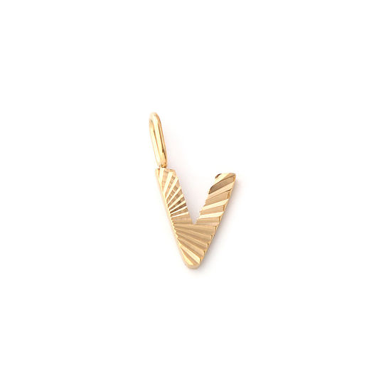 Picture of 2 PCs Eco-friendly PVD Vacuum Plating 304 Stainless Steel Capital Alphabet Initial Letter Name Charms 18K Real Gold Plated Stripe Message " V " 16mm x 9mm