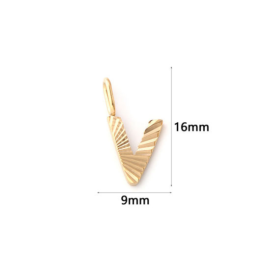 Picture of 2 PCs Eco-friendly PVD Vacuum Plating 304 Stainless Steel Capital Alphabet Initial Letter Name Charms 18K Real Gold Plated Stripe Message " V " 16mm x 9mm