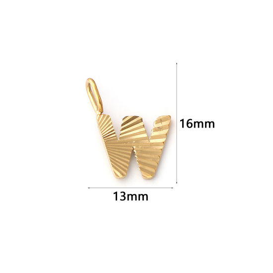 Picture of 2 PCs Eco-friendly PVD Vacuum Plating 304 Stainless Steel Capital Alphabet Initial Letter Name Charms 18K Real Gold Plated Stripe Message " W " 16mm x 13mm