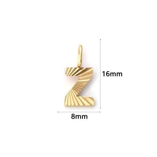 Picture of 2 PCs Eco-friendly PVD Vacuum Plating 304 Stainless Steel Capital Alphabet Initial Letter Name Charms 18K Real Gold Plated Stripe Message " Z " 16mm x 8mm
