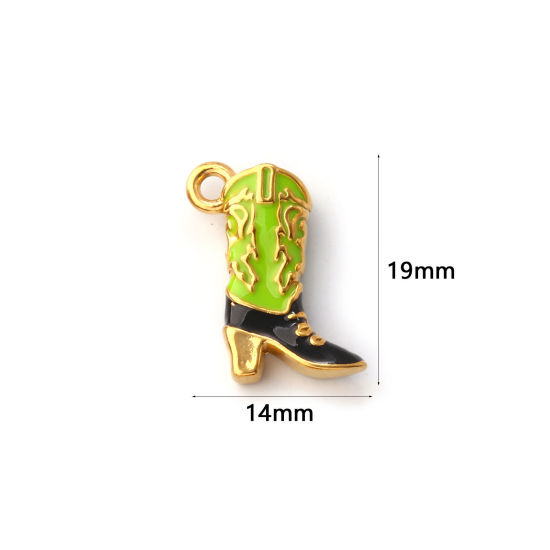 Bild von 1 Stück Umweltfreundliche PVD-Vakuumbeschichtung 304 Edelstahl West-Cowboy Charms 18K Vergoldet Grün Emaille Stiefel 3D 19mm x 14mm