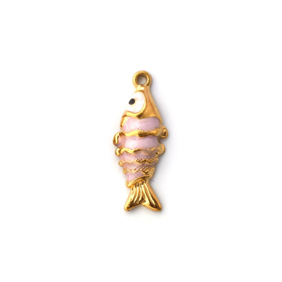 Immagine di 1 Pz Placcatura Sottovuoto PVD Ecologica 304 Acciaio Inossidabile Gioielli Oceanici Ciondoli Placcato Oro 18K Rosa Chiaro Smalto Pesce Increspatura Madreperla 26mm x 10mm