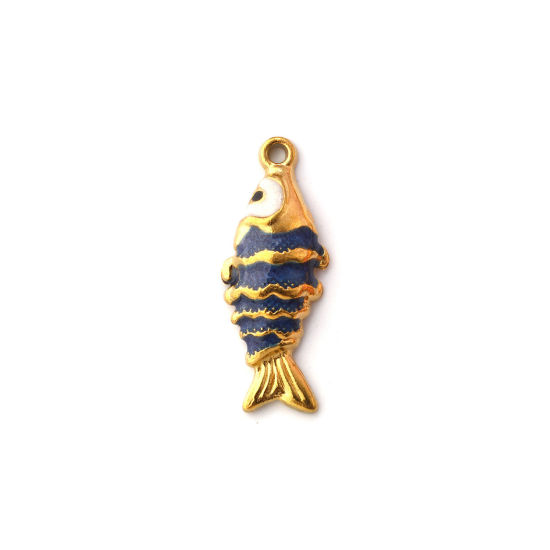 Immagine di 1 Pz Placcatura Sottovuoto PVD Ecologica 304 Acciaio Inossidabile Gioielli Oceanici Ciondoli Placcato Oro 18K Blu Scuro Smalto Pesce Increspatura Madreperla 26mm x 10mm