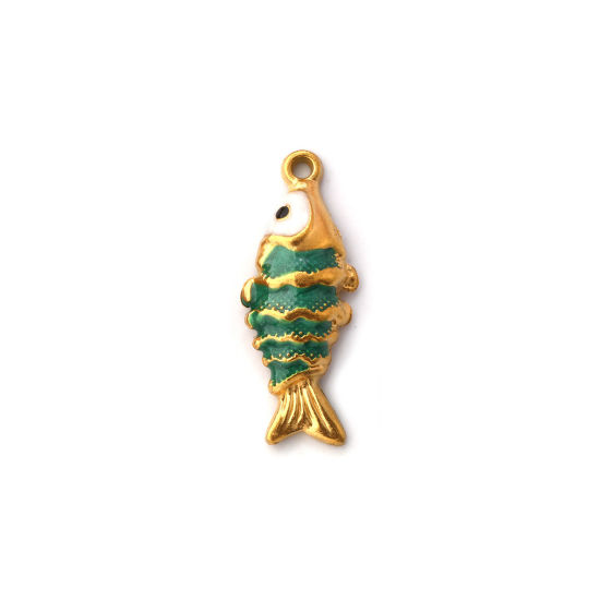 Immagine di 1 Pz Placcatura Sottovuoto PVD Ecologica 304 Acciaio Inossidabile Gioielli Oceanici Ciondoli Placcato Oro 18K Verde Smalto Pesce Increspatura Madreperla 26mm x 10mm