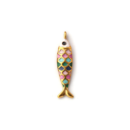 Picture of 1 Piece Eco-friendly PVD Vacuum Plating 304 Stainless Steel Ocean Jewelry Charms 18K Gold Plated Multicolor Enamel Fish Animal Pearlized 26mm x 6mm