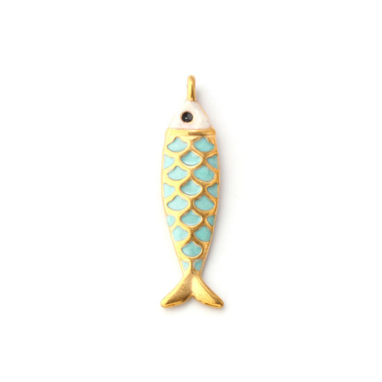 Изображение 1 ШТ Экологичное вакуумное PVD-покрытие 304 Нержавеющая Сталь Морские Украшения Подвески 18K позолоченный Зеленой Мяты С Эмалью Рыба Перлитный 4.9см x 1.2см