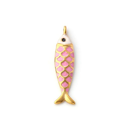 Изображение 1 ШТ Экологичное вакуумное PVD-покрытие 304 Нержавеющая Сталь Морские Украшения Подвески 18K позолоченный Лиловый С Эмалью Рыба Перлитный 4.9см x 1.2см
