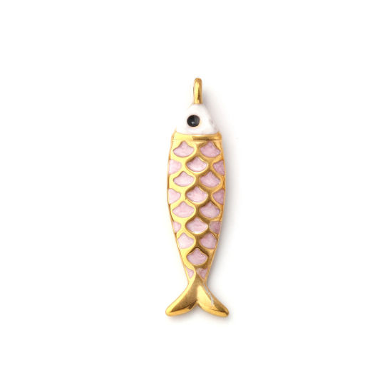 Изображение 1 ШТ Экологичное вакуумное PVD-покрытие 304 Нержавеющая Сталь Морские Украшения Подвески 18K позолоченный Светло-розовый С Эмалью Рыба Перлитный 4.9см x 1.2см