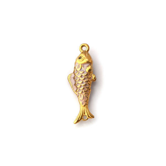 Picture of 1 Piece Eco-friendly PVD Vacuum Plating 304 Stainless Steel Ocean Jewelry Connectors Charms Pendants 18K Gold Plated Mauve Enamel Fish Animal Pearlized 26mm x 9mm