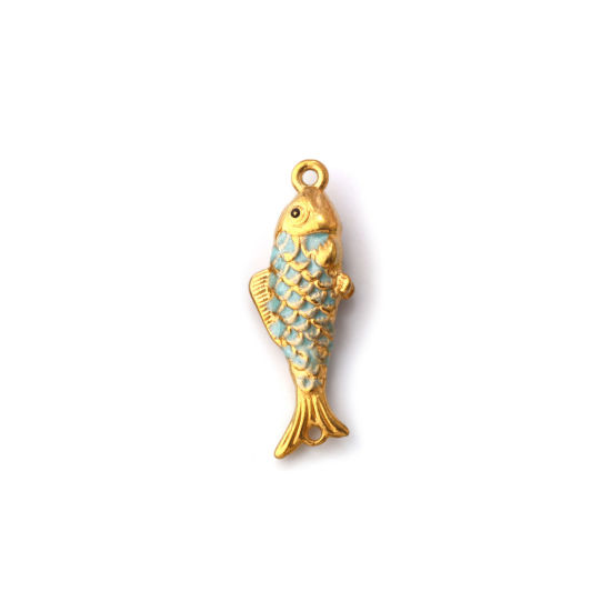 Picture of 1 Piece Eco-friendly PVD Vacuum Plating 304 Stainless Steel Ocean Jewelry Connectors Charms Pendants 18K Gold Plated Mint Green Enamel Fish Animal Pearlized 26mm x 9mm