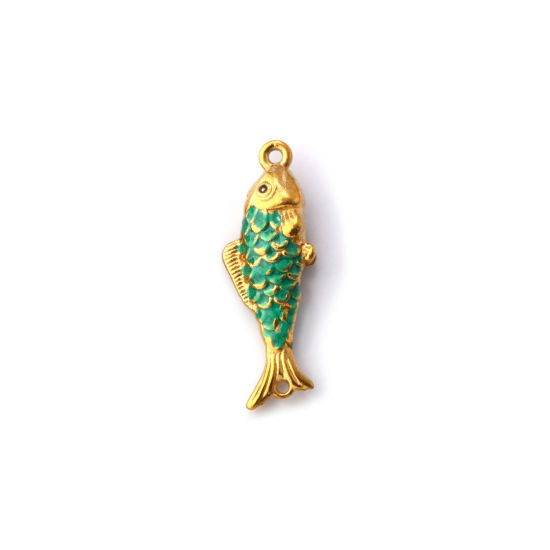 Picture of 1 Piece Eco-friendly PVD Vacuum Plating 304 Stainless Steel Ocean Jewelry Connectors Charms Pendants 18K Gold Plated Green Enamel Fish Animal Pearlized 26mm x 9mm