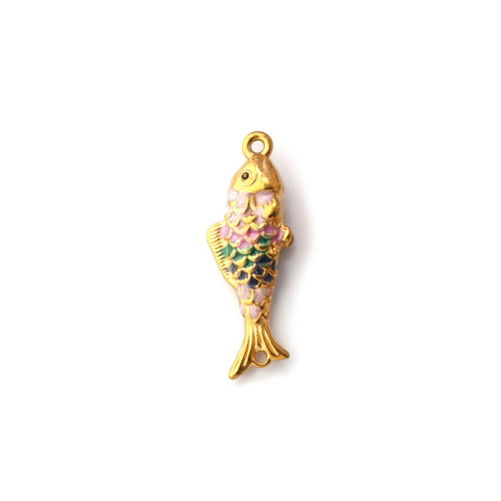 Picture of 1 Piece Eco-friendly PVD Vacuum Plating 304 Stainless Steel Ocean Jewelry Connectors Charms Pendants 18K Gold Plated Multicolor Enamel Fish Animal Pearlized 26mm x 9mm