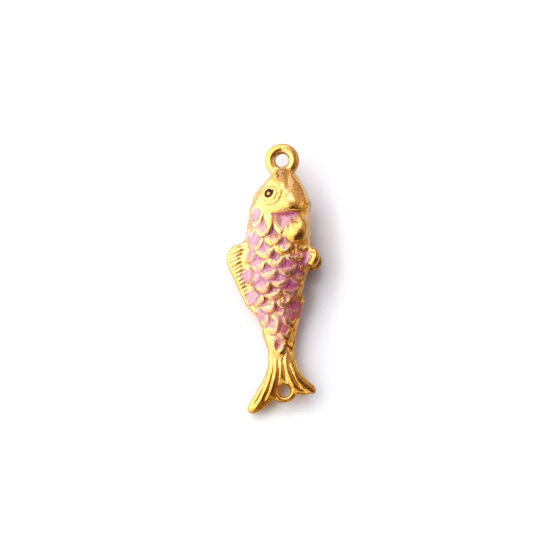 Picture of 1 Piece Eco-friendly PVD Vacuum Plating 304 Stainless Steel Ocean Jewelry Connectors Charms Pendants 18K Gold Plated Light Pink Enamel Fish Animal Pearlized 26mm x 9mm