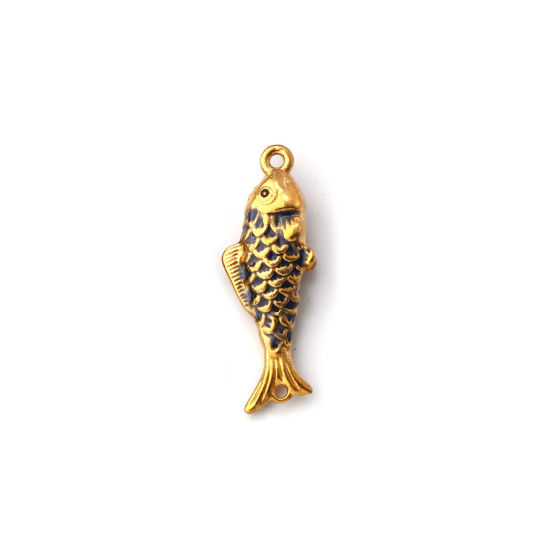 Picture of 1 Piece Eco-friendly PVD Vacuum Plating 304 Stainless Steel Ocean Jewelry Connectors Charms Pendants 18K Gold Plated Dark Blue Enamel Fish Animal Pearlized 26mm x 9mm