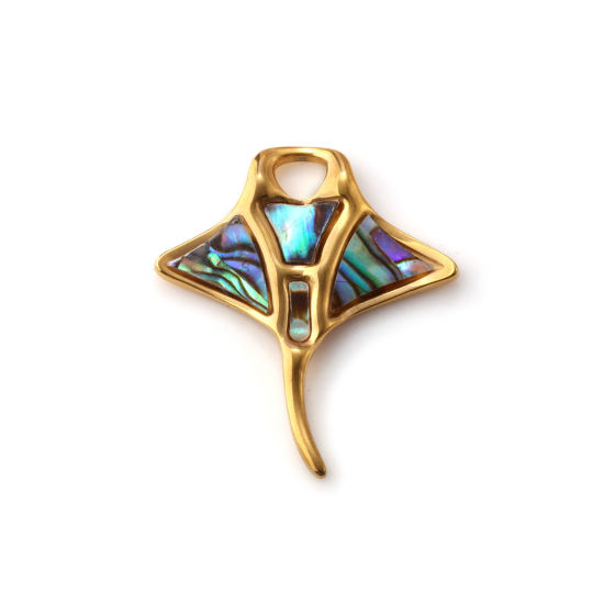 Immagine di 1 Pz Placcatura Sottovuoto PVD Ecologica 304 Acciaio Inossidabile & Conchiglie Naturali Gioielli Oceanici Ciondoli Placcato Oro 18K Multicolore Pesce Manta 29mm x 25mm