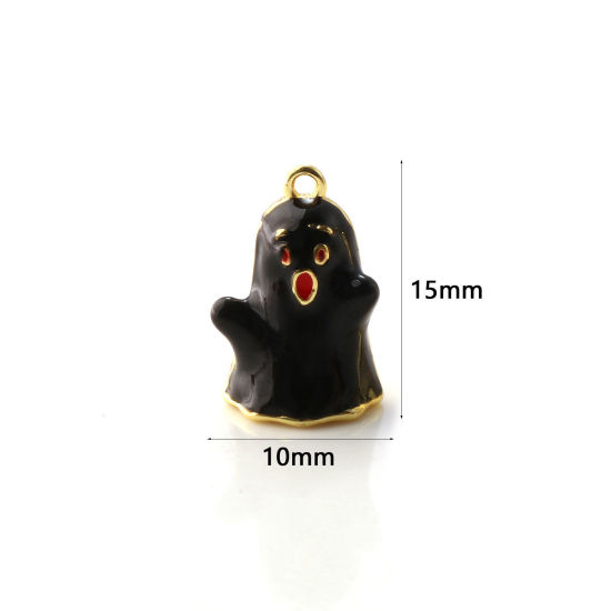 Immagine di 1 Pz Ottone Ciondoli Placcato Oro 18K Nero Smalto Halloween Fantasma 3D 15mm x 10mm