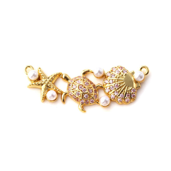 Immagine di 1 Pz Ottone Gioielli Oceanici Pendenti Charms Connettori Placcato Oro 18K Bianco Conchiglia Stella Marina Perla Imitato Acrilico Rosa Cubic Zirconiae 3.5cm x 1.4cm
