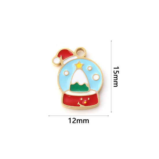 Immagine di 1 Pz Placcatura Sottovuoto PVD Ecologica 304 Acciaio Inossidabile Ciondoli 18K Vero Oro Placcato Multicolore Smalto Sfera di Cristallo Magica Albero di Natale 15mm x 12mm