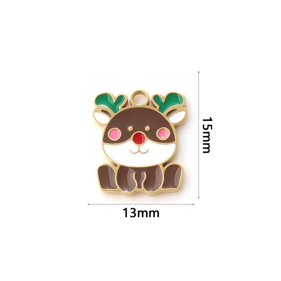 Immagine di 1 Pz Placcatura Sottovuoto PVD Ecologica 304 Acciaio Inossidabile Ciondoli 18K Vero Oro Placcato Multicolore Smalto Renna di Natale 15mm x 13mm
