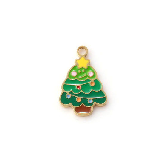 Immagine di 1 Pz Placcatura Sottovuoto PVD Ecologica 304 Acciaio Inossidabile Ciondoli 18K Vero Oro Placcato Verde Smalto Albero di Natale 17.5mm x 12mm