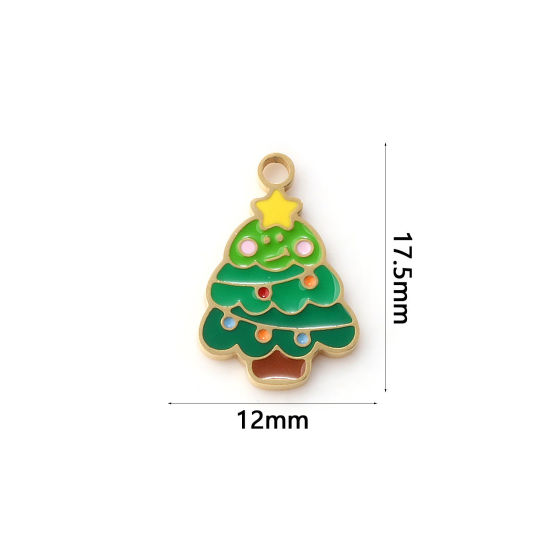 Immagine di 1 Pz Placcatura Sottovuoto PVD Ecologica 304 Acciaio Inossidabile Ciondoli 18K Vero Oro Placcato Verde Smalto Albero di Natale 17.5mm x 12mm