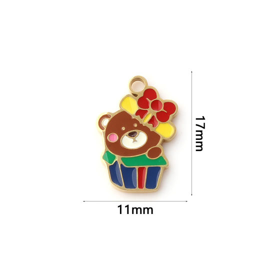 Immagine di 1 Pz Placcatura Sottovuoto PVD Ecologica 304 Acciaio Inossidabile Ciondoli 18K Vero Oro Placcato Multicolore Smalto Contenitore di Regalo di Natale Orso 17mm x 11mm