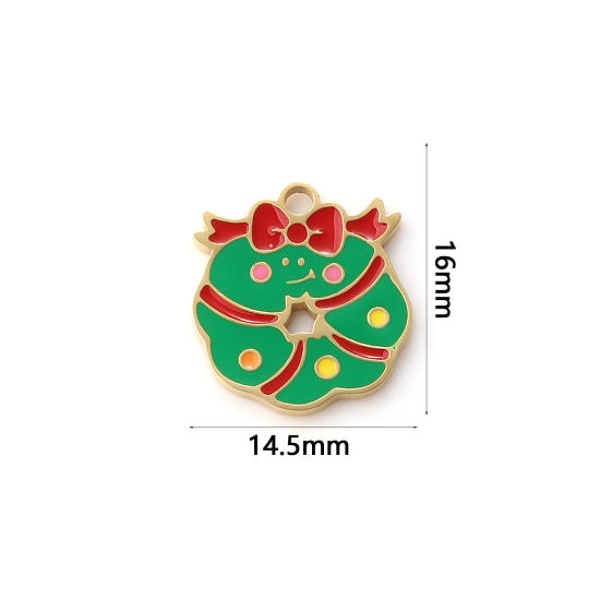 Immagine di 1 Pz Placcatura Sottovuoto PVD Ecologica 304 Acciaio Inossidabile Ciondoli 18K Vero Oro Placcato Verde Smalto Corona di Natale 16mm x 14.5mm