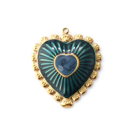 Picture of 1 Piece Eco-friendly PVD Vacuum Plating Waterproof Anti-Tarnish Hypoallergenic 304 Stainless Steel Valentine's Day Pendants 18K Real Gold Plated Dark Green Enamel Heart 3.4cm x 2.9cm