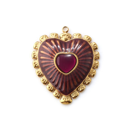 Picture of 1 Piece Eco-friendly PVD Vacuum Plating Waterproof Anti-Tarnish Hypoallergenic 304 Stainless Steel Valentine's Day Pendants 18K Real Gold Plated Dark Purple Enamel Heart 3.4cm x 2.9cm