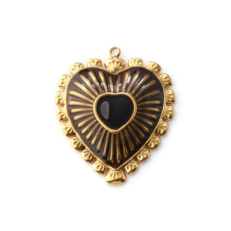 Picture of 1 Piece Eco-friendly PVD Vacuum Plating Waterproof Anti-Tarnish Hypoallergenic 304 Stainless Steel Valentine's Day Pendants 18K Real Gold Plated Black Enamel Heart 3.4cm x 2.9cm