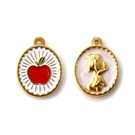 Immagine di 2 Pz Placcatura Sottovuoto PVD Ecologica 304 Acciaio Inossidabile Ciondoli 18K Vero Oro Placcato Rosso Smalto Mela Principessa Doppia Faccia 19mm x 15mm