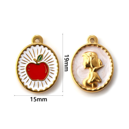 Immagine di 2 Pz Placcatura Sottovuoto PVD Ecologica 304 Acciaio Inossidabile Ciondoli 18K Vero Oro Placcato Rosso Smalto Mela Principessa Doppia Faccia 19mm x 15mm