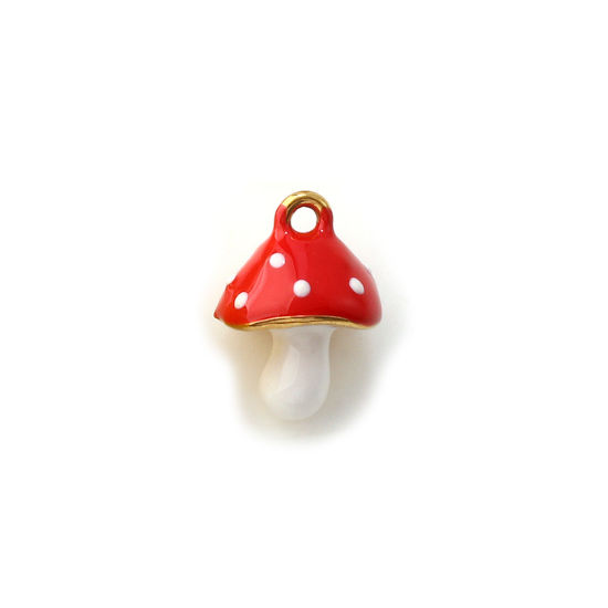 Immagine di 2 Pz Placcatura Sottovuoto PVD Ecologica 304 Acciaio Inossidabile Ciondoli 18K Vero Oro Placcato Rosso Smalto Fungo 3D 13mm x 10mm