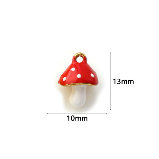 Immagine di 2 Pz Placcatura Sottovuoto PVD Ecologica 304 Acciaio Inossidabile Ciondoli 18K Vero Oro Placcato Rosso Smalto Fungo 3D 13mm x 10mm