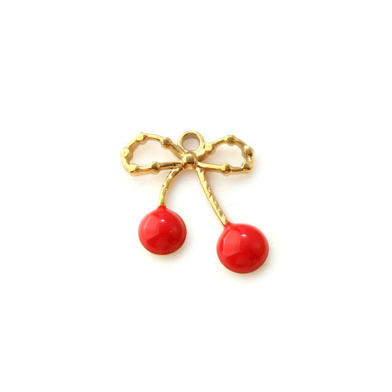 Immagine di 2 Pz Placcatura Sottovuoto PVD Ecologica 304 Acciaio Inossidabile Ciondoli 18K Vero Oro Placcato Rosso Smalto Ciliegia Cravatta a Farfalla 17mm x 16mm