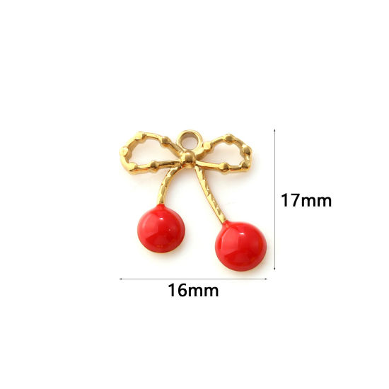 Immagine di 2 Pz Placcatura Sottovuoto PVD Ecologica 304 Acciaio Inossidabile Ciondoli 18K Vero Oro Placcato Rosso Smalto Ciliegia Cravatta a Farfalla 17mm x 16mm