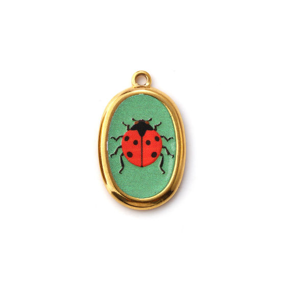 Picture of 2 PCs Eco-friendly PVD Vacuum Plating 304 Stainless Steel Insect Charms 18K Real Gold Plated Multicolor Oval Ladybird Printed 28mm x 17.5mm