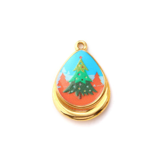 Immagine di 2 Pz Placcatura Sottovuoto PVD Ecologica 304 Acciaio Inossidabile Ciondoli 18K Vero Oro Placcato Multicolore Goccia Albero di Natale Stampato 28mm x 19mm