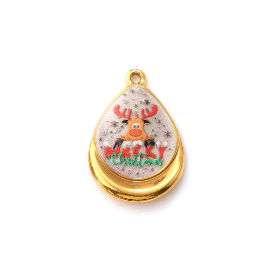 Immagine di 2 Pz Placcatura Sottovuoto PVD Ecologica 304 Acciaio Inossidabile Ciondoli 18K Vero Oro Placcato Multicolore Goccia Renna Messaggio " Merry Christmas " Stampato 28mm x 19mm