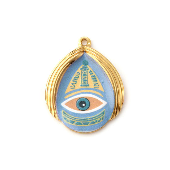 Immagine di 1 Pz Placcatura Sottovuoto PVD Ecologica 304 Acciaio Inossidabile Religione Ciondoli Pendenti 18K Vero Oro Placcato Multicolore Goccia Malocchio Stampato 3.2cm x 2.5cm