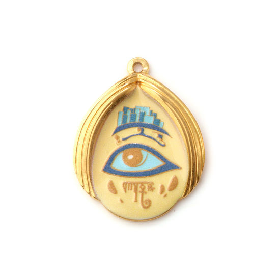 Immagine di 1 Pz Placcatura Sottovuoto PVD Ecologica 304 Acciaio Inossidabile Religione Ciondoli Pendenti 18K Vero Oro Placcato Multicolore Goccia Malocchio Stampato 3.2cm x 2.5cm