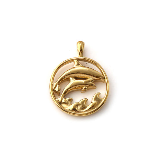 Immagine di 1 Pz Placcatura Sottovuoto PVD Ecologica 304 Acciaio Inossidabile Gioielli Oceanici Ciondoli 18K Vero Oro Placcato Tondo Delfino Filigrana 26mm x 20mm