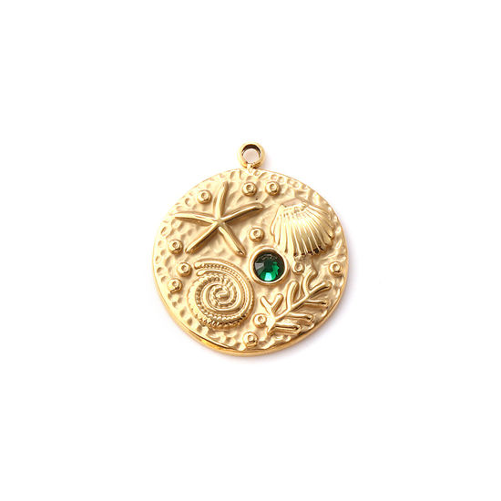 Immagine di 1 Pz Placcatura Sottovuoto PVD Ecologica 304 Acciaio Inossidabile Gioielli Oceanici Ciondoli 18K Vero Oro Placcato Tondo Disco Stella Marina Verde Cubic Zirconiae 23mm x 20mm